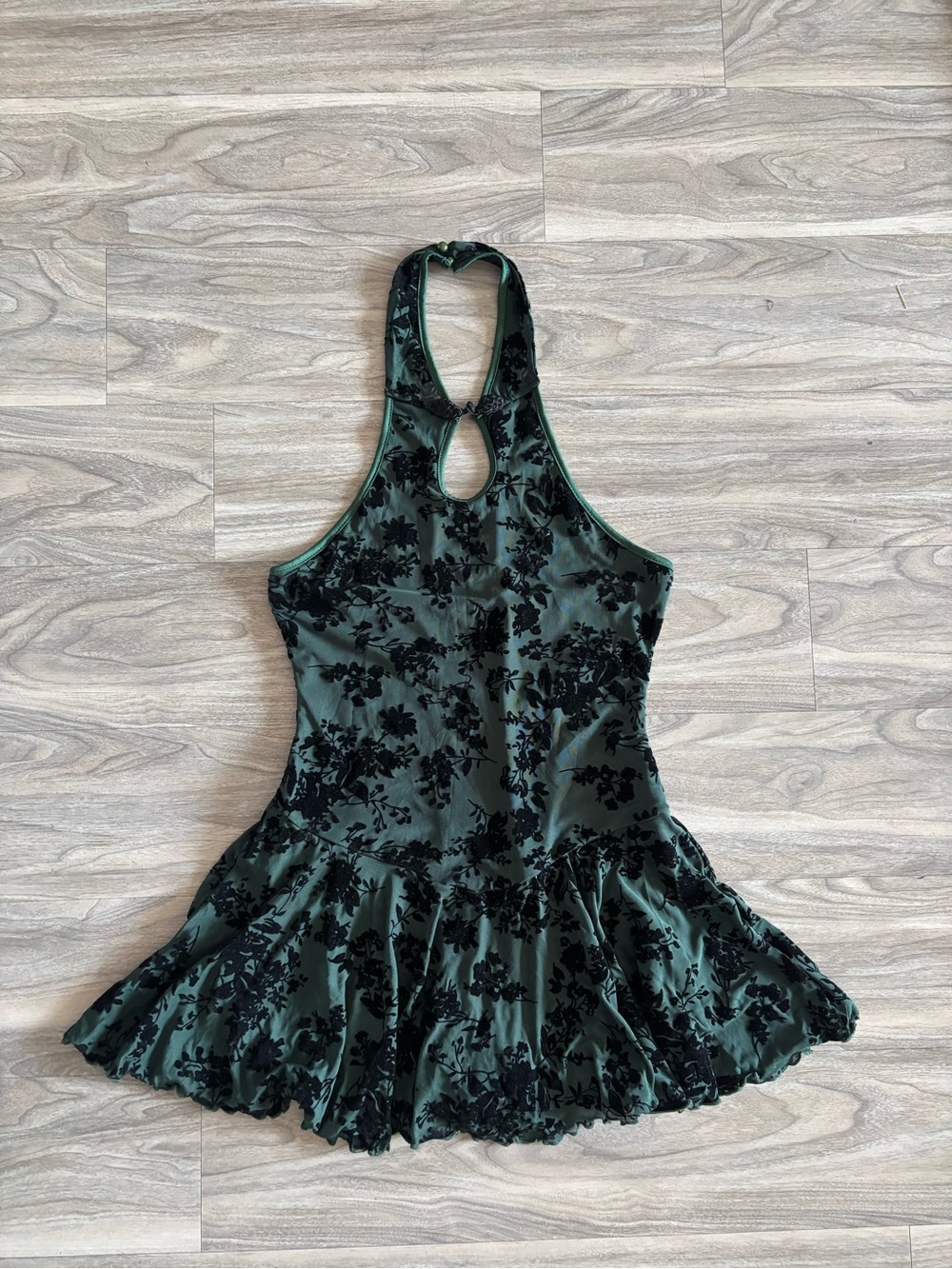 Dark Green Floral Velvet Halter Dress